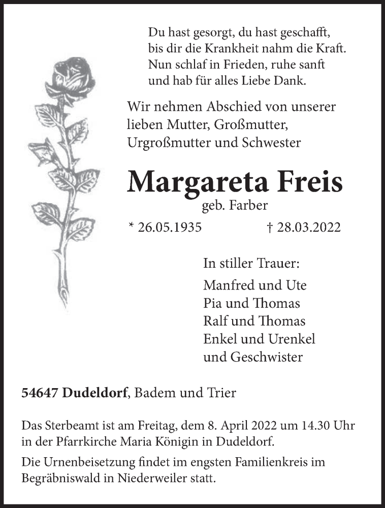  Traueranzeige für Margareta Freis vom 02.04.2022 aus trierischer_volksfreund