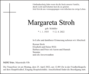 Traueranzeige von Margareta Stroh von trierischer_volksfreund