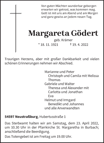 Traueranzeige von Margarete Gödert von trierischer_volksfreund