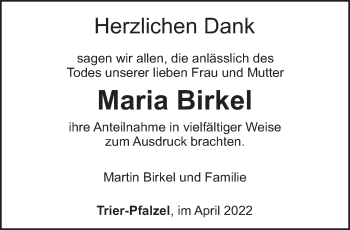 Traueranzeige von Maria Birkel von trierischer_volksfreund