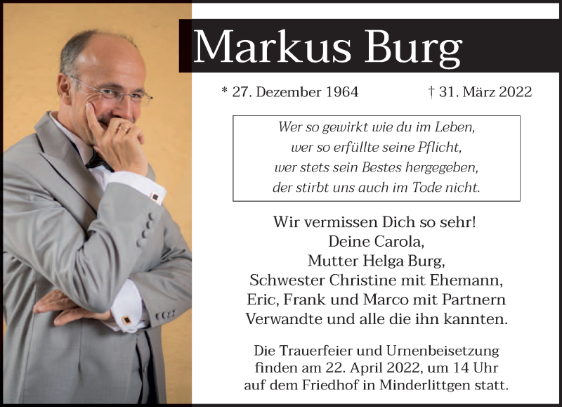  Traueranzeige für Markus Burg vom 16.04.2022 aus trierischer_volksfreund