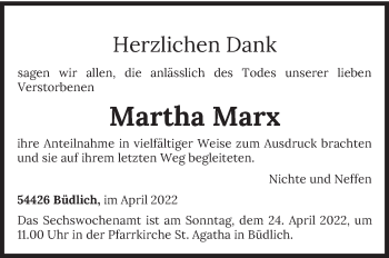 Traueranzeige von Martha Marx von trierischer_volksfreund