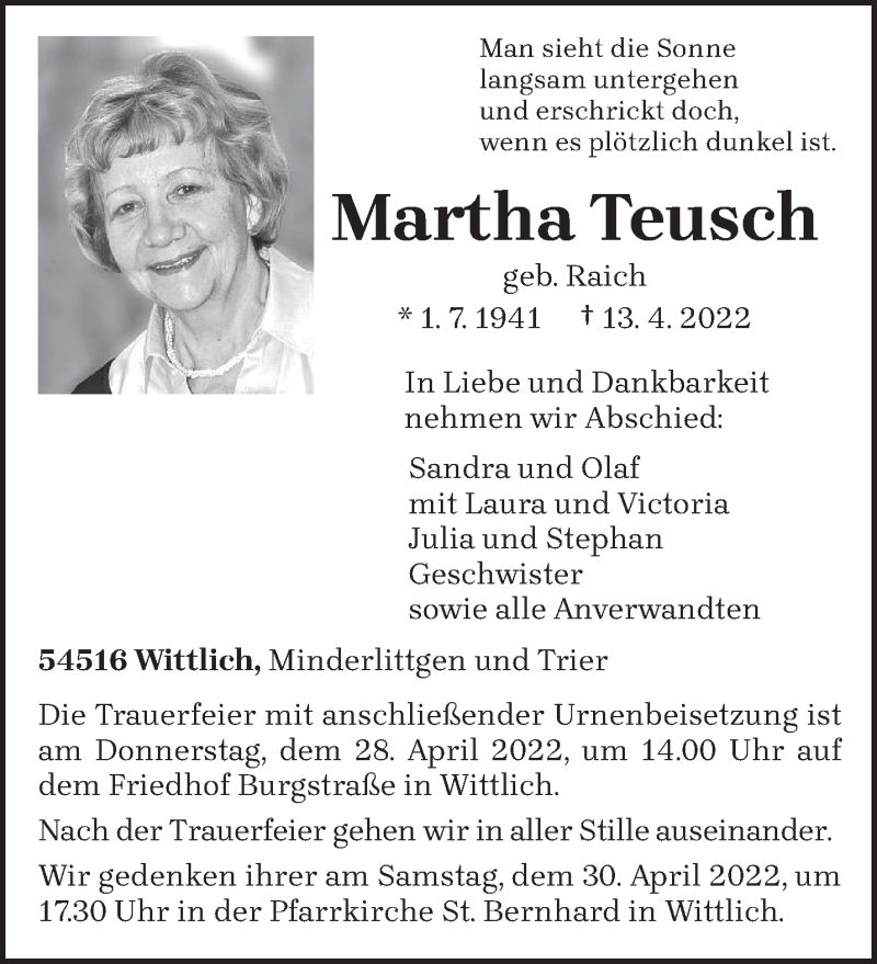 Traueranzeigen Von Martha Teusch | Volksfreund.Trauer.de