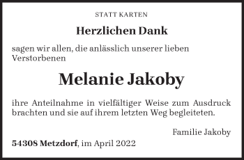 Traueranzeige von Melanie Jakoby von trierischer_volksfreund