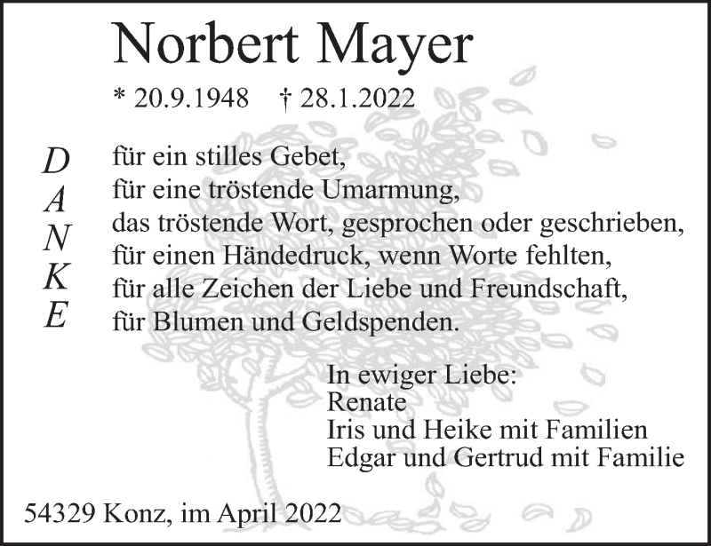 Traueranzeigen Von Norbert Mayer | Volksfreund.Trauer.de