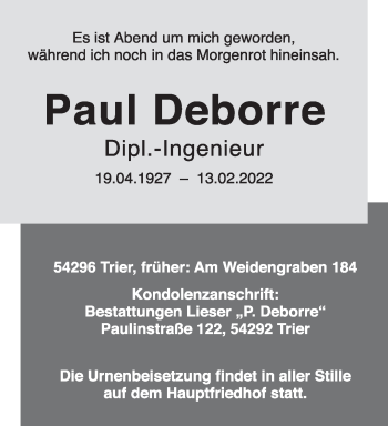 Traueranzeige von Paul Deborre von trierischer_volksfreund
