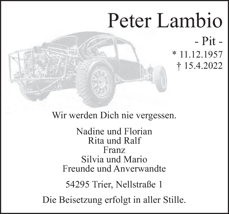  Traueranzeige für Peter Lambio vom 20.04.2022 aus trierischer_volksfreund