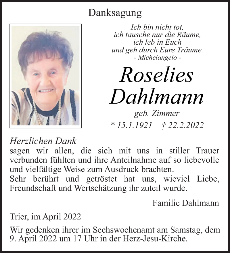 Traueranzeige für Roselies Dahlmann vom 04.04.2022 aus trierischer_volksfreund