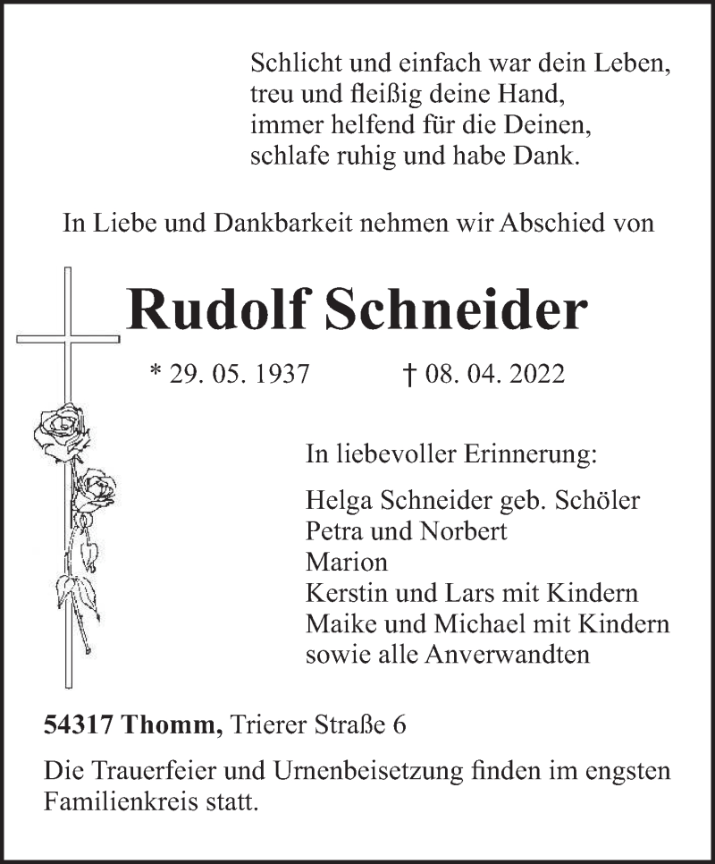  Traueranzeige für Rudolf Schneider vom 16.04.2022 aus trierischer_volksfreund