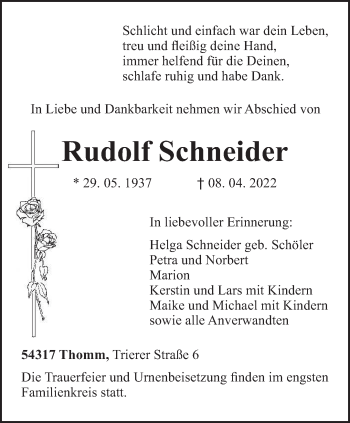 Traueranzeige von Rudolf Schneider von trierischer_volksfreund
