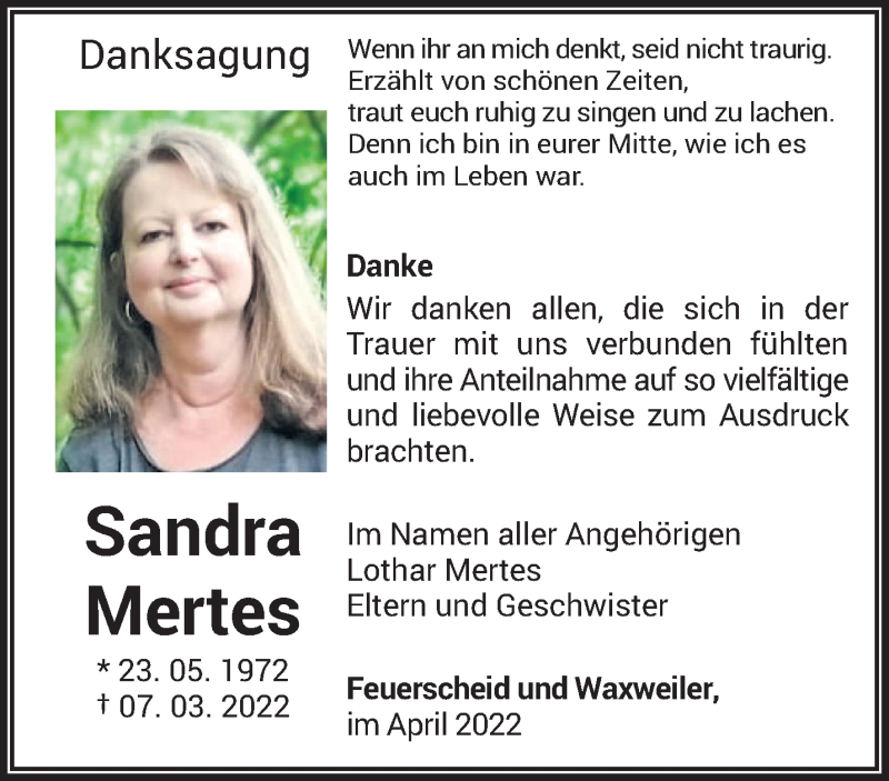  Traueranzeige für Sandra Mertes vom 27.04.2022 aus trierischer_volksfreund