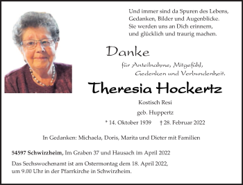 Traueranzeige von Theresia Hockertz von trierischer_volksfreund