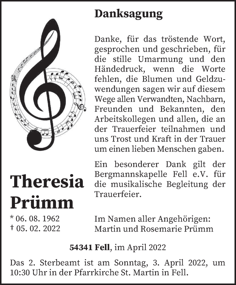  Traueranzeige für Theresia Prümm vom 01.04.2022 aus trierischer_volksfreund