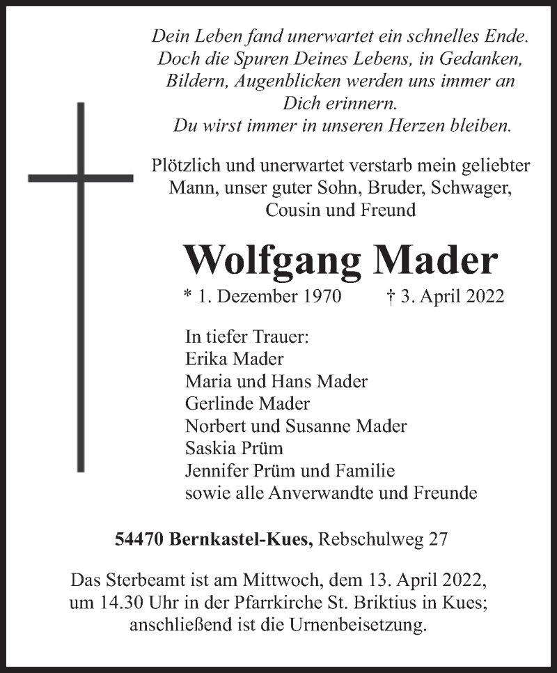  Traueranzeige für Wolfgang Mader vom 06.04.2022 aus trierischer_volksfreund