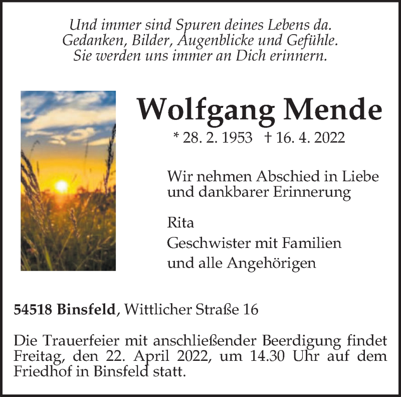  Traueranzeige für Wolfgang Mende vom 20.04.2022 aus trierischer_volksfreund