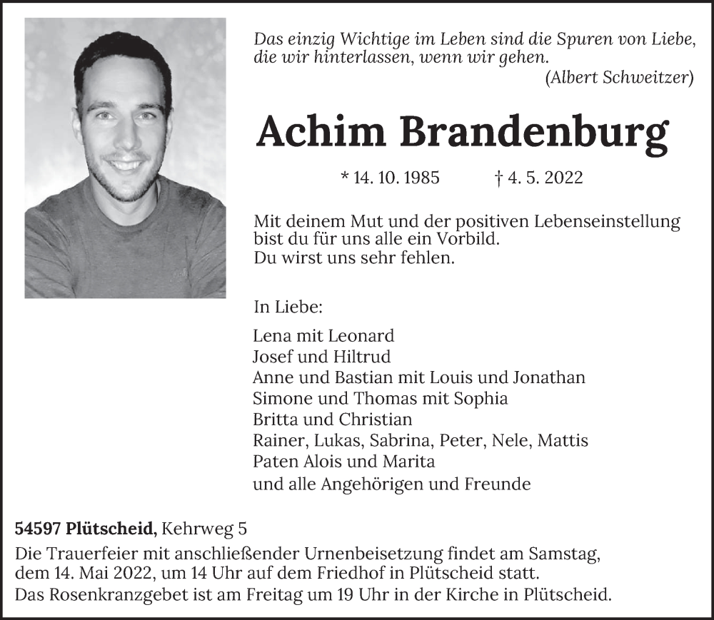  Traueranzeige für Achim Brandenburg vom 12.05.2022 aus trierischer_volksfreund
