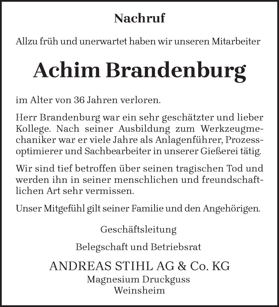  Traueranzeige für Achim Brandenburg vom 14.05.2022 aus trierischer_volksfreund