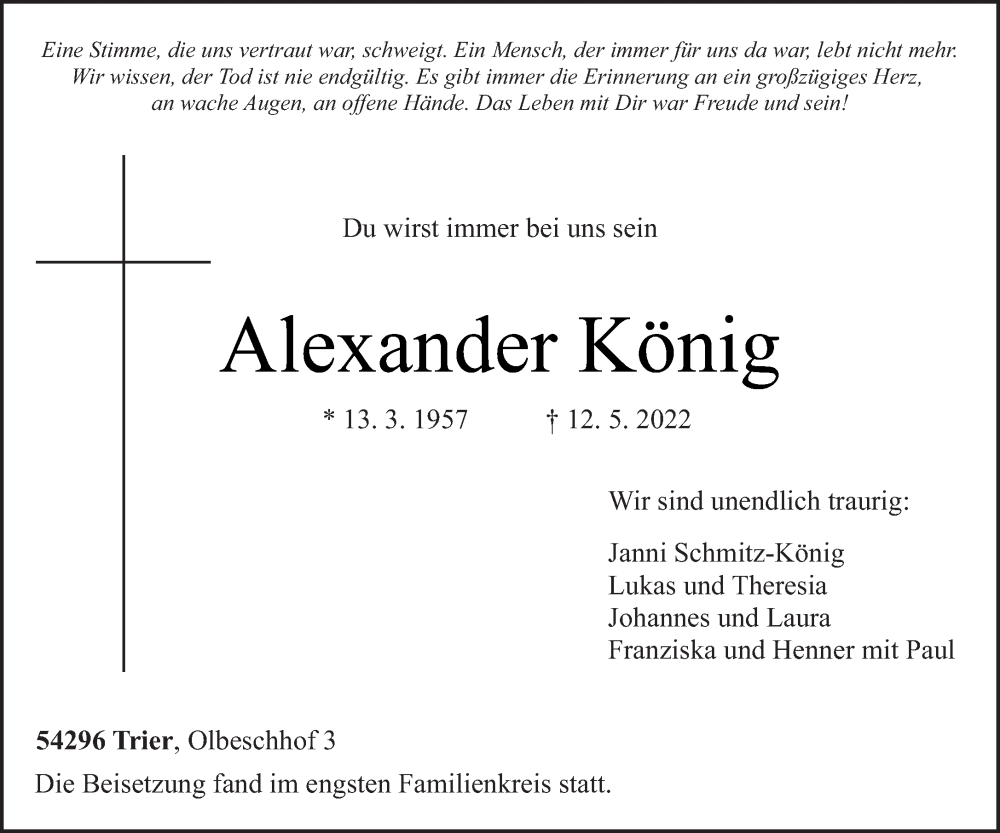  Traueranzeige für Alexander König vom 25.05.2022 aus trierischer_volksfreund