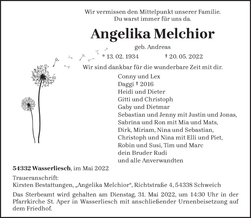  Traueranzeige für Angelika Melchior vom 27.05.2022 aus trierischer_volksfreund