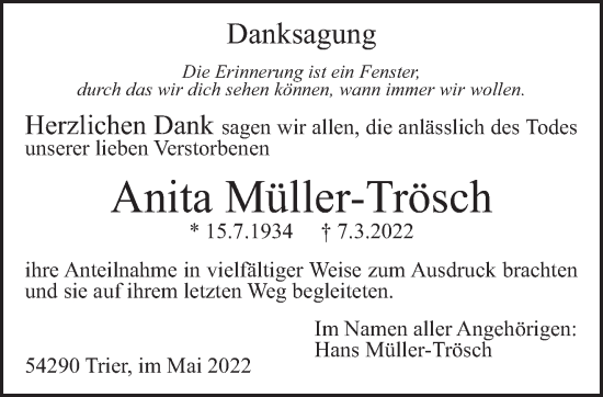 Traueranzeige von Anita Müller-Trösch von trierischer_volksfreund