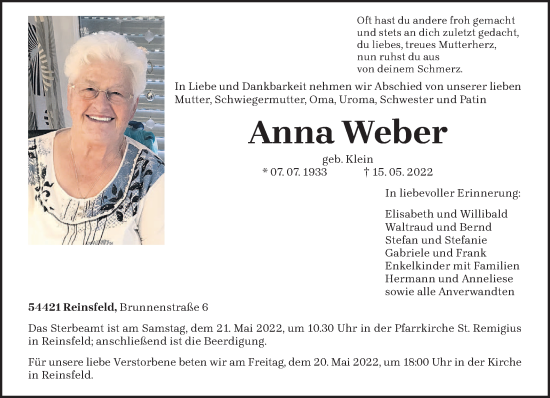 Traueranzeige von Anna Weber von trierischer_volksfreund