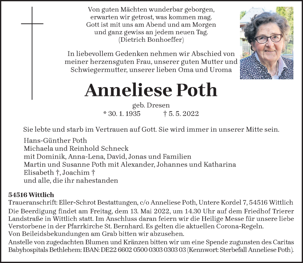  Traueranzeige für Anneliese Poth vom 11.05.2022 aus trierischer_volksfreund