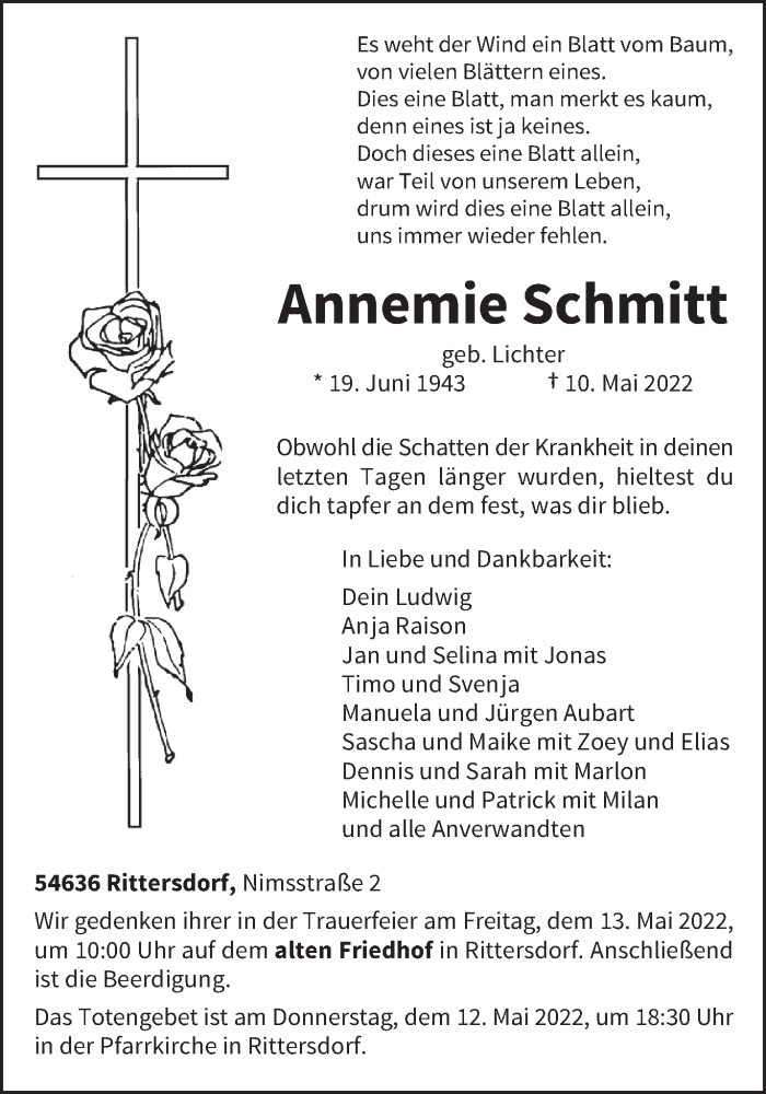  Traueranzeige für Annemie Schmitt vom 11.05.2022 aus trierischer_volksfreund