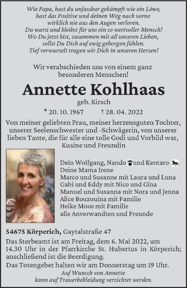  Traueranzeige für Annette Kohlhaas vom 03.05.2022 aus trierischer_volksfreund