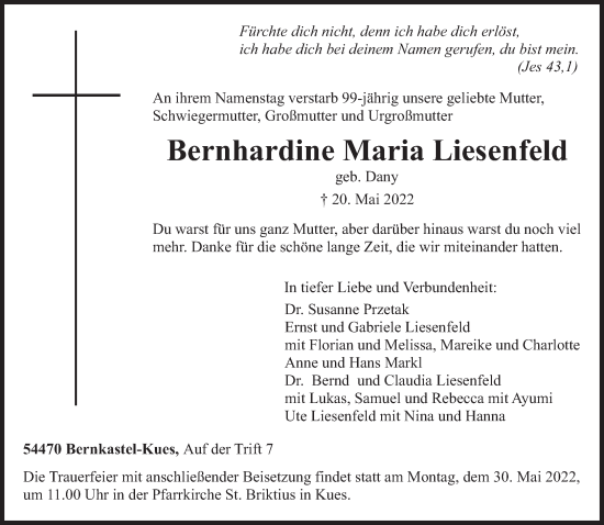 Traueranzeige von Bernhardine Maria Liesenfeld von trierischer_volksfreund