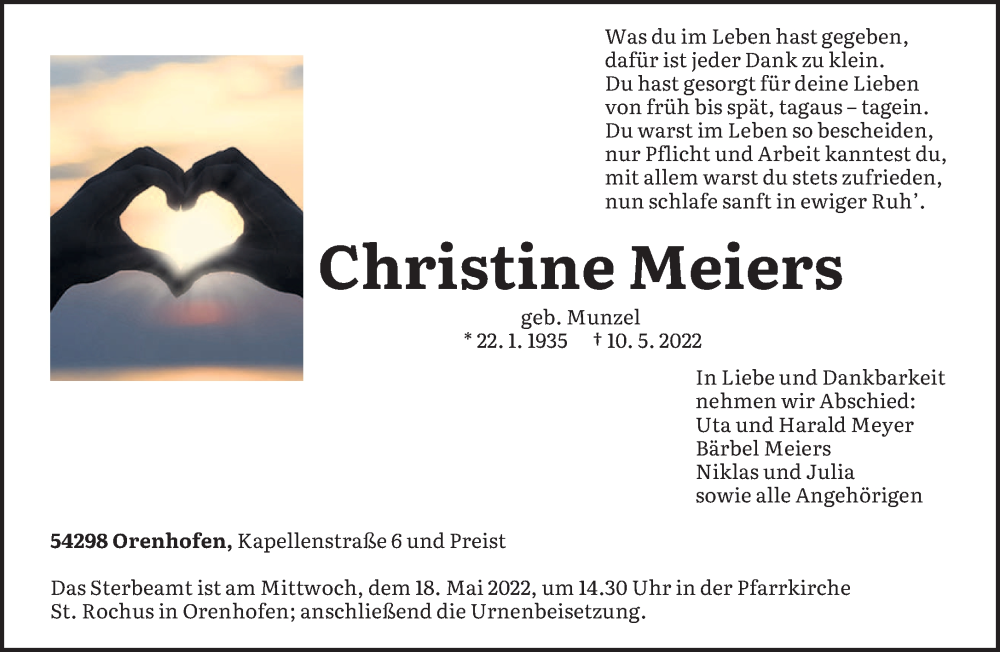  Traueranzeige für Christine Meiers vom 14.05.2022 aus trierischer_volksfreund