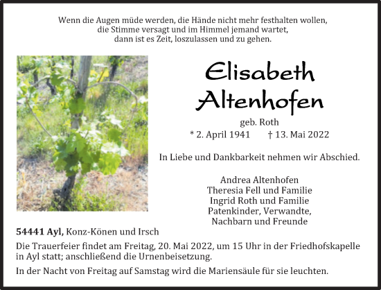 Traueranzeige von Elisabeth Altenhofen von trierischer_volksfreund