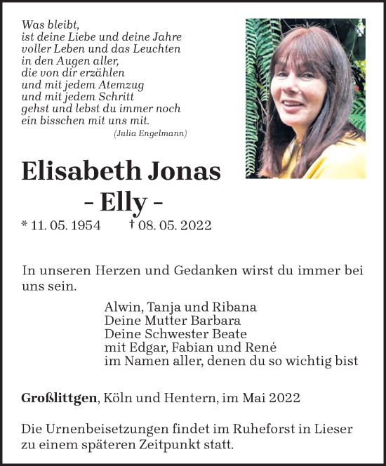 Traueranzeige von Elisabeth Jonas von trierischer_volksfreund