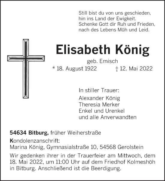 Traueranzeige von Elisabeth König von trierischer_volksfreund