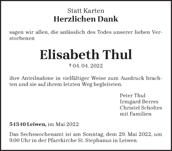 Traueranzeige von Elisabeth Thul von trierischer_volksfreund