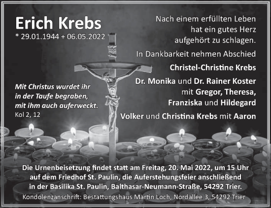 Traueranzeige von Erich Krebs von trierischer_volksfreund
