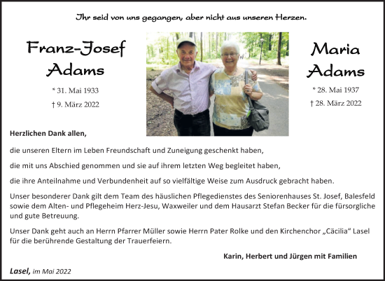 Traueranzeige von Franz-Josef und Maria Adams von trierischer_volksfreund