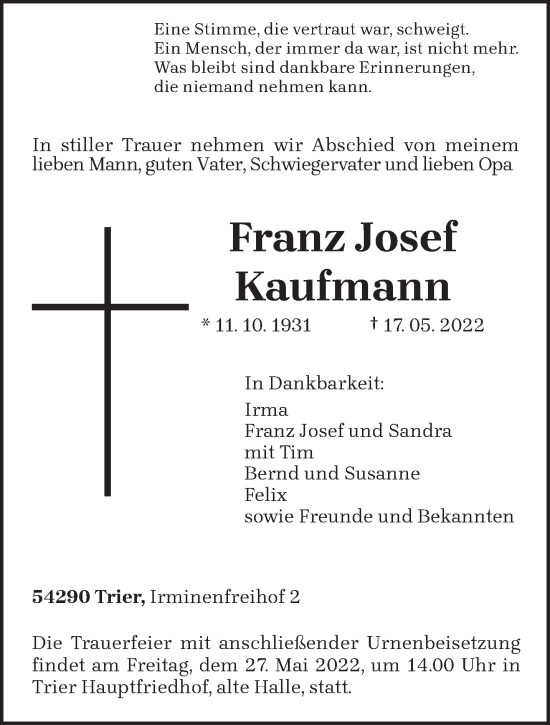 Traueranzeige von Franz Josef Kaufmann von trierischer_volksfreund