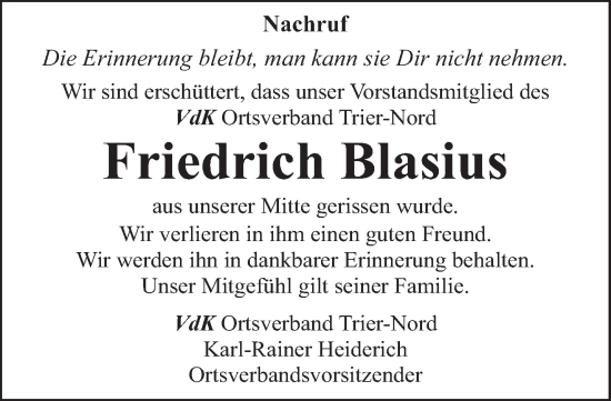 Traueranzeige von Friedrich Blasius von trierischer_volksfreund