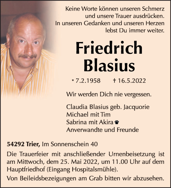 Traueranzeige von Friedrich Blasius von trierischer_volksfreund