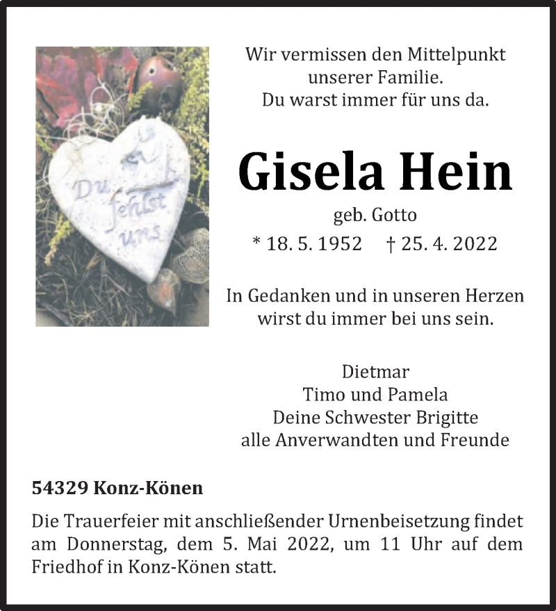  Traueranzeige für Gisela Hein vom 30.04.2022 aus trierischer_volksfreund