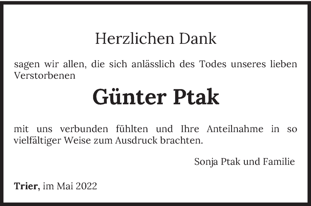  Traueranzeige für Günter Ptak vom 04.05.2022 aus trierischer_volksfreund