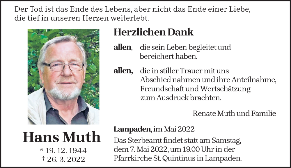  Traueranzeige für Hans Muth vom 04.05.2022 aus trierischer_volksfreund