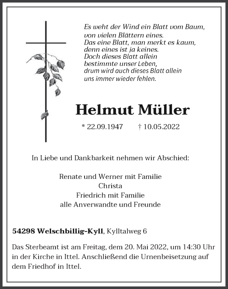  Traueranzeige für Helmut Müller vom 14.05.2022 aus trierischer_volksfreund
