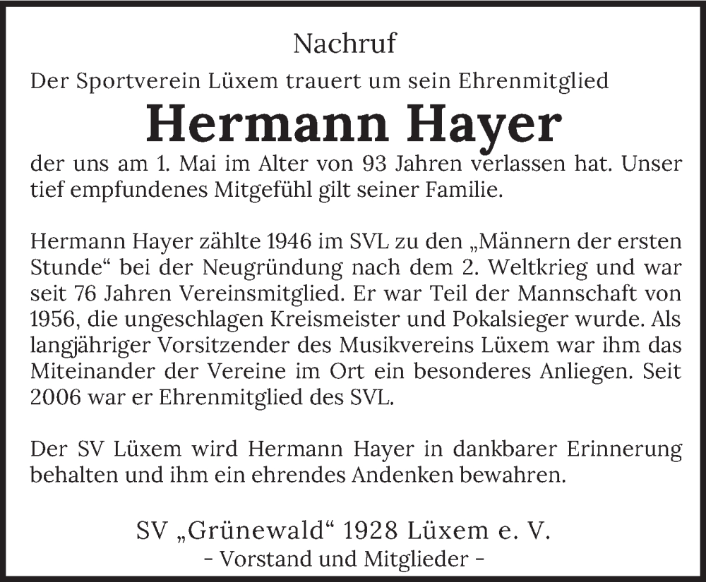  Traueranzeige für Hermann Hayer vom 11.05.2022 aus trierischer_volksfreund