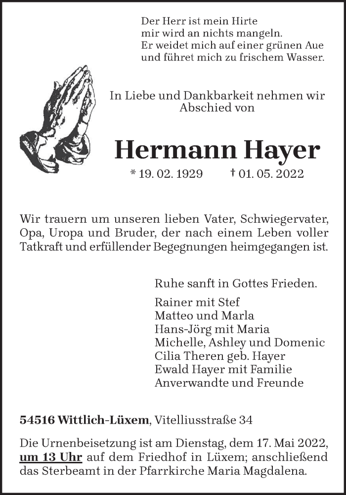  Traueranzeige für Hermann Hayer vom 11.05.2022 aus trierischer_volksfreund