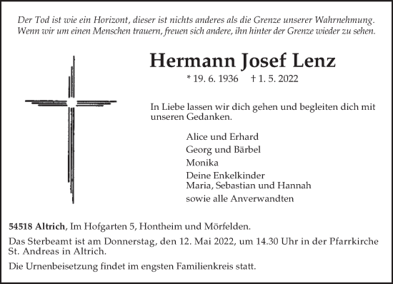 Traueranzeige von Hermann Josef Lenz von trierischer_volksfreund
