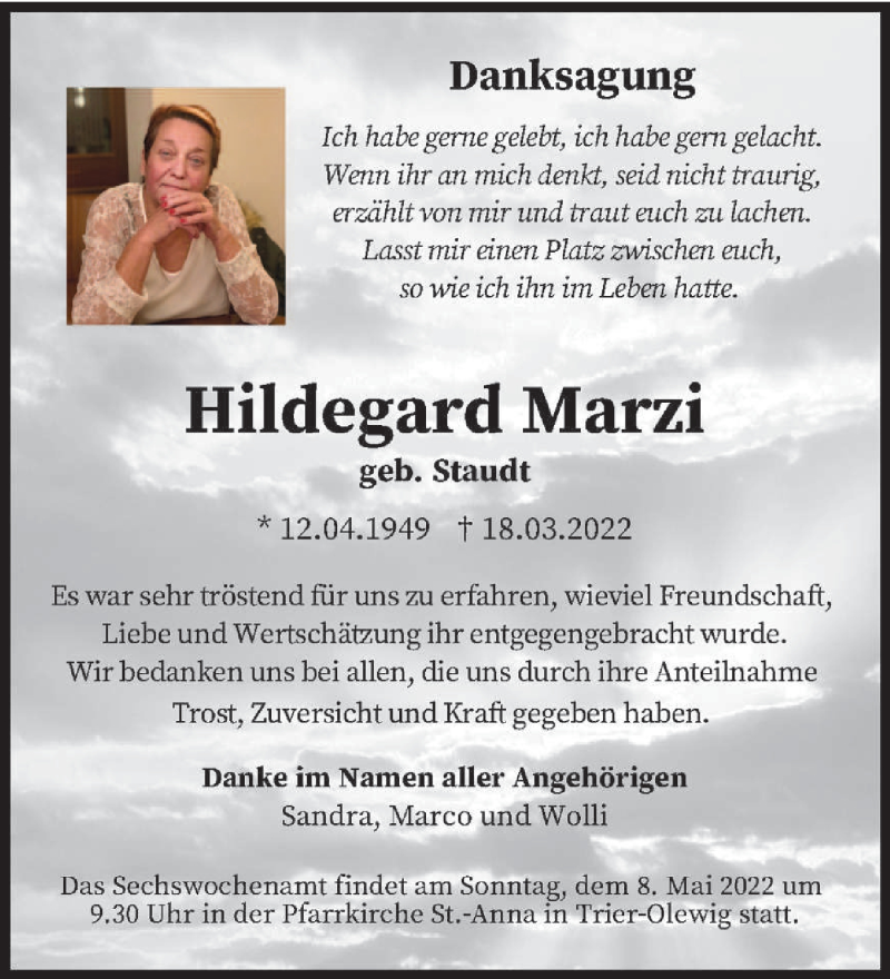  Traueranzeige für Hildegard Marzi vom 30.04.2022 aus trierischer_volksfreund