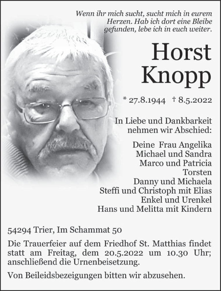  Traueranzeige für Horst Knopp vom 14.05.2022 aus trierischer_volksfreund