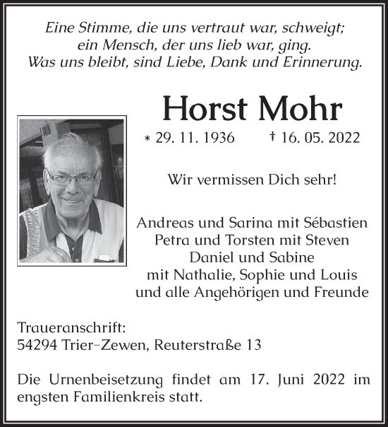 Traueranzeige von Horst Mohr von trierischer_volksfreund
