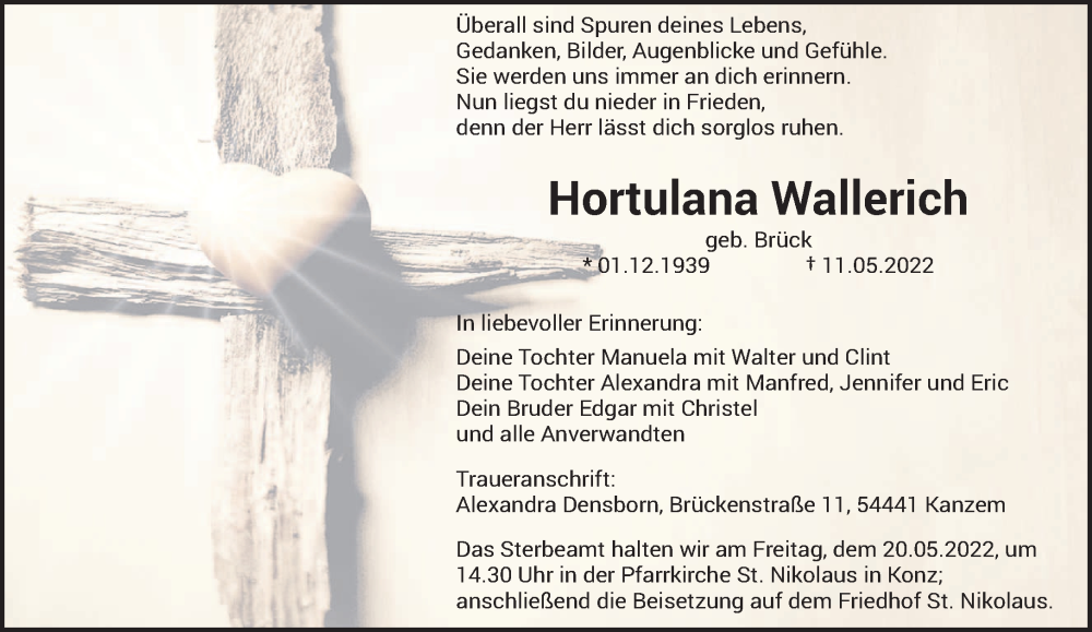  Traueranzeige für Hortulana Wallerich vom 14.05.2022 aus trierischer_volksfreund